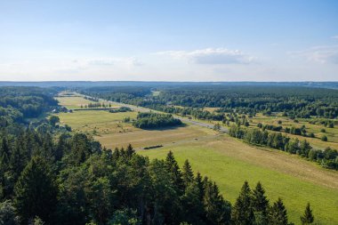 Letonya 'da yaz yeşilinde Daugava nehrinin havadan görünüşü
