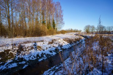 Soğuk kış gününde, kar ve buzla kaplı kırsal alan.
