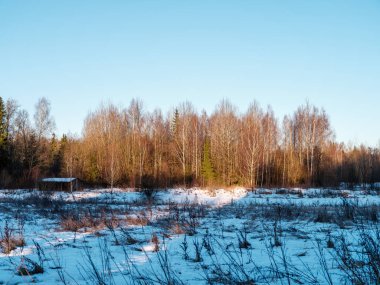 Soğuk kış gününde, kar ve buzla kaplı kırsal alan.