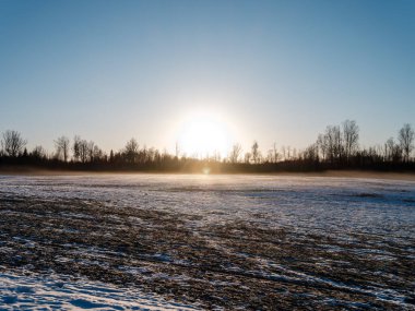 Soğuk kış gününde, kar ve buzla kaplı kırsal alan.