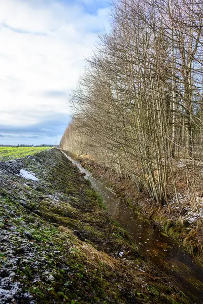冬季用冰雪和冷水冻结的农田 — 图库照片