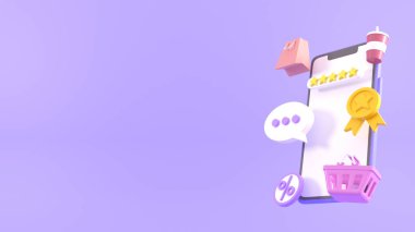 Sosyal medya uygulamasında online alışveriş kavramı. 3 boyutlu akıllı telefon, alışveriş torbaları, sohbet mesajları, kredi kartları ve aşk bildirimleri. Dijital mağaza tanıtımı, web ve reklam için uygun. 3d oluşturma