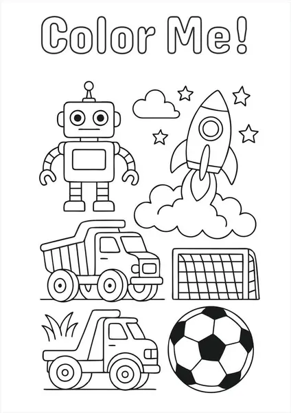 Robot, roket, futbol topu, çöp kamyonu, çekici ve gol sahibi çocuklar için eğlenceli siyah-beyaz renkli sayfa. Erken öğrenme ve yaratıcılık için mükemmel. Beyaz arkaplanda izole.