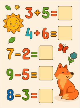 Renkli toplama ve çıkarma problemleri olan çocuklar için şirin bir matematik ödevi. Gülümseyen bir güneş, arkadaş canlısı bir ayı ve neşeli yapraklar. Genç öğrenciler için eğlenceli ve eğitici tasarım.