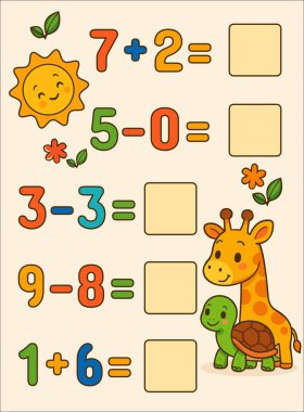Renkli toplama ve çıkarma problemleri olan çocuklar için şirin bir matematik ödevi. Gülümseyen bir güneş, arkadaş canlısı bir ayı ve neşeli yapraklar. Genç öğrenciler için eğlenceli ve eğitici tasarım.
