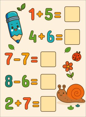 Renkli toplama ve çıkarma problemleri olan çocuklar için şirin bir matematik ödevi. Gülümseyen bir güneş, arkadaş canlısı bir ayı ve neşeli yapraklar. Genç öğrenciler için eğlenceli ve eğitici tasarım.