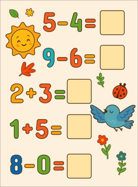Renkli toplama ve çıkarma problemleri olan çocuklar için şirin bir matematik ödevi. Gülümseyen bir güneş, arkadaş canlısı bir ayı ve neşeli yapraklar. Genç öğrenciler için eğlenceli ve eğitici tasarım.