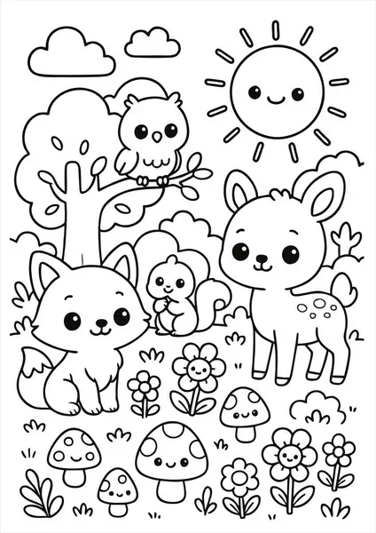 Renklendirme için sevimli siyah beyaz orman sahnesi. Geyik, tilki, sincap, baykuş, ağaçlar, mantarlar, çiçekler ve gülümseyen bir güneş. Çocuk boyama kitapları için mükemmel..
