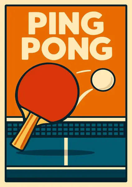 Dinamik ping pong posterinin düz vektör çizimi. Kalın geometrik şekiller, keskin çizgiler ve parlak katı renkler. Özellikler raketler, uçan bir top ve ağlı bir masa. Modern ve enerjik tasarım.