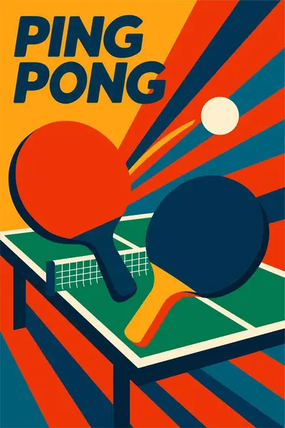 Dinamik ping pong posterinin düz vektör çizimi. Kalın geometrik şekiller, keskin çizgiler ve parlak katı renkler. Özellikler raketler, uçan bir top ve ağlı bir masa. Modern ve enerjik tasarım.