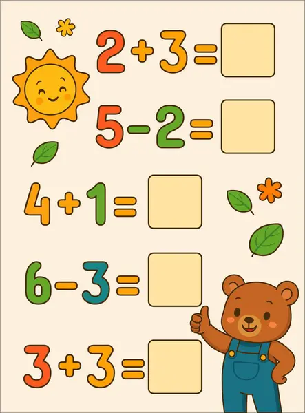 Renkli toplama ve çıkarma problemleri olan çocuklar için şirin bir matematik ödevi. Gülümseyen bir güneş, arkadaş canlısı bir ayı ve neşeli yapraklar. Genç öğrenciler için eğlenceli ve eğitici tasarım.