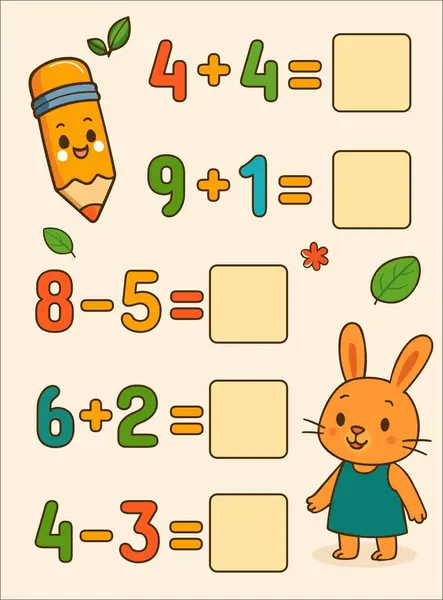 Renkli toplama ve çıkarma problemleri olan çocuklar için şirin bir matematik ödevi. Gülümseyen bir güneş, arkadaş canlısı bir ayı ve neşeli yapraklar. Genç öğrenciler için eğlenceli ve eğitici tasarım.