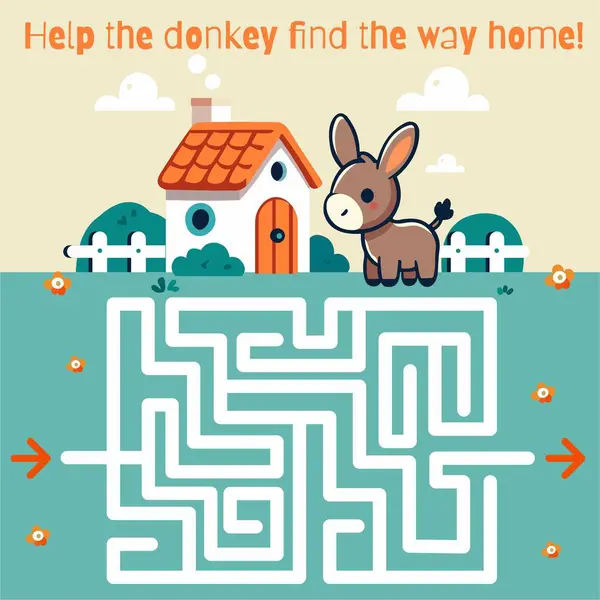 Eşeği ve evi olan çocuklar için hoş bir labirent bulmacası. Amaç eşeğe evinin yolunu bulması için yardım etmek. Renkli bir kırsal geçmişe sahip eğlenceli ve eğitici aktivite.