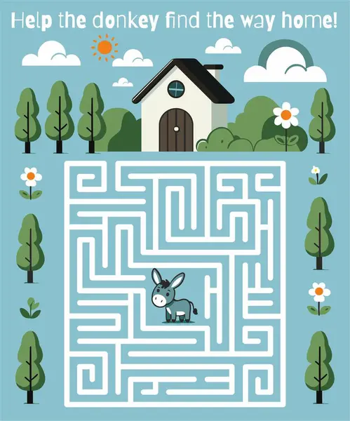Çocuklar için şirin eşek labirenti bulmacası. Eşeğe labirentten eve dönüş yolunu bulmasında yardım et. Kırsal bir teması, ağaçları, çiçekleri ve rahat bir evi olan eğlenceli ve eğitici bir oyun.