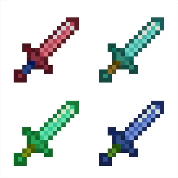 Farklı renklerde pikselleştirilmiş fantezi kılıçları. İkonik blok stili, RPG ya da macera temalı dijital dünyalar için mükemmel. Şeffaf arkaplan.