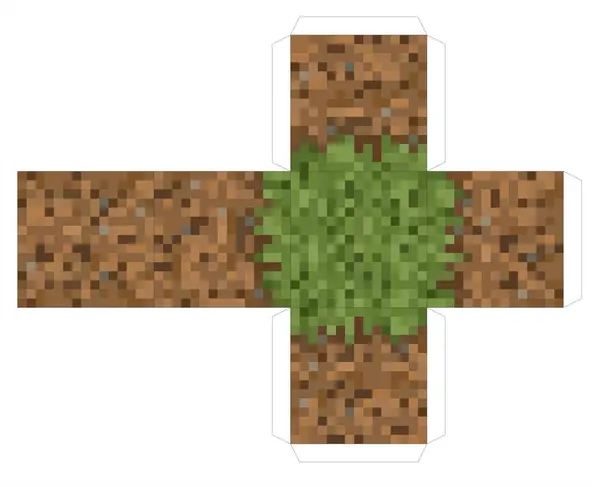 3 boyutlu bir kağıt bloğu oluşturmak için pikselleştirilmiş çim küp şablonu. Kum havuzu inşa eden bir dünyadan esinlenilmiştir. Piksel tarzı dekorasyon için yazdır, kes ve katla. Şeffaf arkaplan.