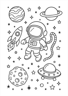 Çocuklar için astronot boyama sayfası. Uzay kaşifi, UFO, gezegenler ve yıldızlarla eğlenceli siyah beyaz çizgi sanatı. Yaratıcılığa ve öğrenmeye ilham vermek için basılabilir çalışma tablosu. 
