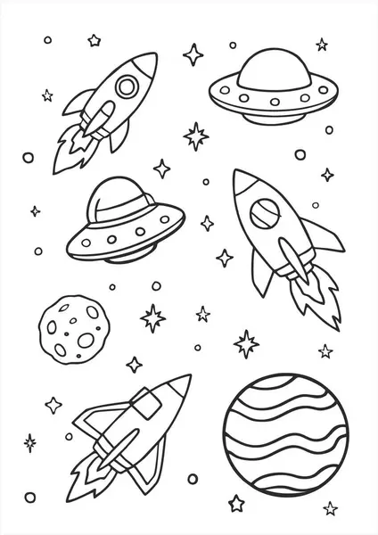 Çocuklar için uzay temalı boyama sayfası. Uçan daireleri, roketleri, gezegenleri ve yıldızları olan siyah ve beyaz çizgi sanatı. Yaratıcı öğrenme için eğlenceli bir baskı. 