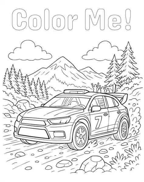 7 numaralı ralli aracının siyah ve beyaz renkli sayfası arka planda dağları, ağaçları ve tezahürat yapan izleyicileri olan kayalık bir orman yolunda yarışıyor..