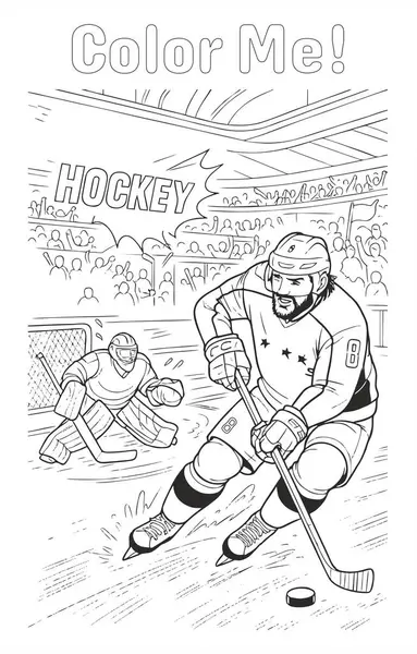 Ayrıntılı hokey boyama sayfası, 8 numaralı formalı profesyonel bir oyuncunun bir kaleci ile dolu bir stadyumdaki diski engellemeye çalıştığını gösteriyor..