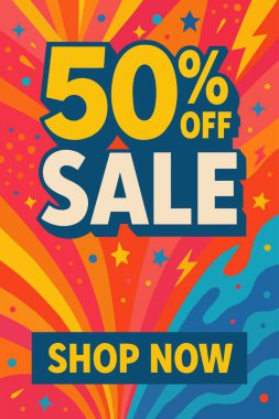 Kalın metin ve renkli soyut arkaplan içeren% 50 indirimli poster. Promosyonlar, reklamlar ve sezonluk satış kampanyaları için göz alıcı tasarım..