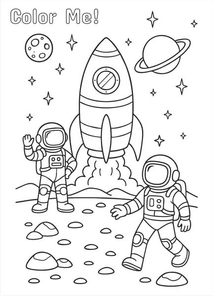 İki astronot, bir roket, gezegenler ve yıldızlı şirin uzay temalı boyama sayfası. Çocuklar için yaratıcılığı keşfetmek ve uzay hakkında bilgi edinmek mükemmel..