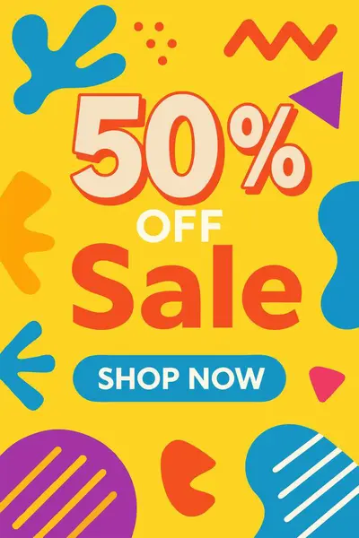 Kalın metin ve renkli soyut arkaplan içeren% 50 indirimli poster. Promosyonlar, reklamlar ve sezonluk satış kampanyaları için göz alıcı tasarım..
