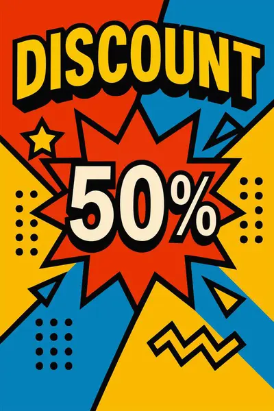 Kalın metin ve renkli soyut arkaplan içeren yüzde 50 indirimli poster. Promosyonlar, reklamlar ve sezonluk satış kampanyaları için göz alıcı tasarım..