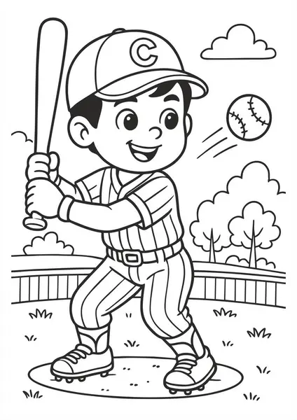 Eldivenli, toplu, bayraklı ve yıldız süslemeli, üniformalı gülümseyen bir çocuğun olduğu çocuklar için şirin bir beyzbol boyama sayfası..