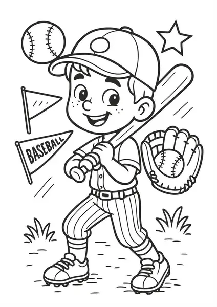 Eldivenli, toplu, bayraklı ve yıldız süslemeli, üniformalı gülümseyen bir çocuğun olduğu çocuklar için şirin bir beyzbol boyama sayfası..
