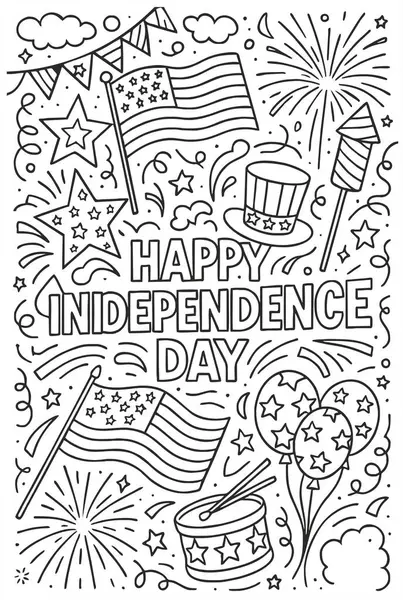 Özgürlük Heykeli, havai fişekler, Amerikan bayrağı, balonlar ve şenlikli süslemeleri olan çocuklar için Bağımsızlık Günü boyama sayfası.