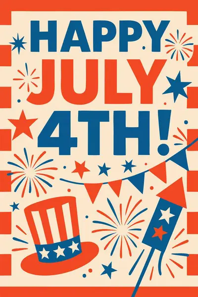Cesur 4 Temmuz illüstrasyonuyla şenlikli 4 Temmuz metni, havai fişekler, yıldızlar, vatansever şapkalar, roketler ve kırmızı, beyaz ve mavi temalı pankartlar. Bağımsızlık Günü tasarımı için mükemmel.