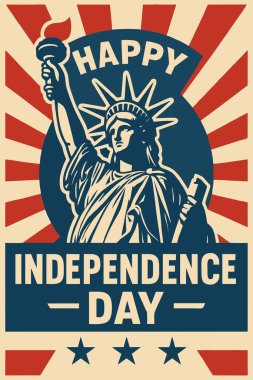 Özgürlük Anıtı, Amerikan bayrağı ve vatansever kırmızı, beyaz ve mavi renklerde Mutlu Bağımsızlık Günü metninin yer aldığı klasik tarz Bağımsızlık Günü posteri..