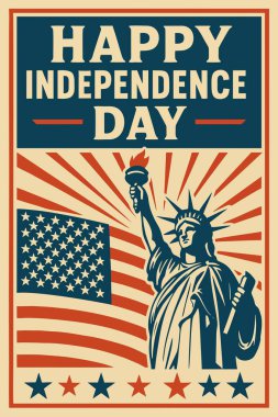 Özgürlük Anıtı, Amerikan bayrağı ve vatansever kırmızı, beyaz ve mavi renklerde Mutlu Bağımsızlık Günü metninin yer aldığı klasik tarz Bağımsızlık Günü posteri..