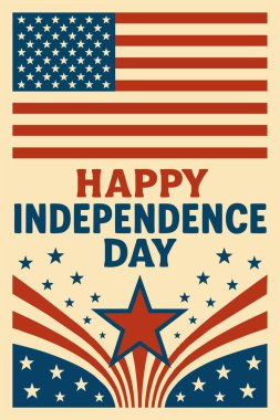 Özgürlük Anıtı, Amerikan bayrağı ve vatansever kırmızı, beyaz ve mavi renklerde Mutlu Bağımsızlık Günü metninin yer aldığı klasik tarz Bağımsızlık Günü posteri..