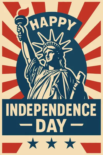 Özgürlük Anıtı, Amerikan bayrağı ve vatansever kırmızı, beyaz ve mavi renklerde Mutlu Bağımsızlık Günü metninin yer aldığı klasik tarz Bağımsızlık Günü posteri..