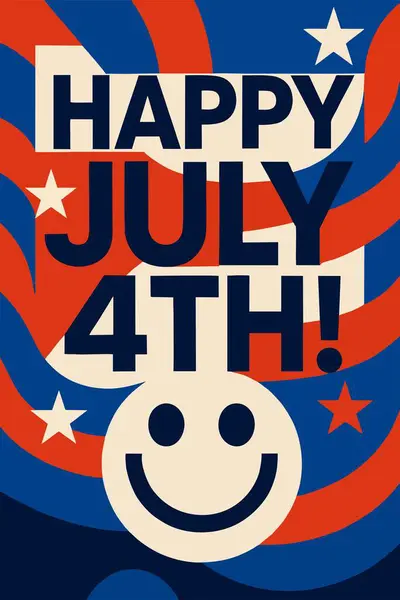 Cesur metinlerle dolu renkli Bağımsızlık Günü posteri. 4 Temmuz 'un kutlu olsun. Yıldızlar, çizgiler ve şenlikli desenlerle çevrili..