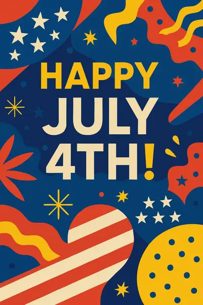Cesur metinlerle dolu renkli Bağımsızlık Günü posteri. 4 Temmuz 'un kutlu olsun. Yıldızlar, çizgiler ve şenlikli desenlerle çevrili..