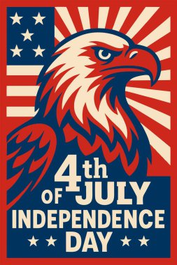 Kalın kel kartal çizimi, yıldızlar ve vatansever renkleri olan klasik Amerikan Bağımsızlık Günü posteri. 4 Temmuz 'u ve ulusal gururu kutlamak için mükemmel.