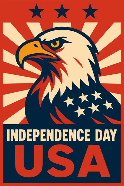 Kalın kel kartal çizimi, yıldızlar ve vatansever renkleri olan klasik Amerikan Bağımsızlık Günü posteri. 4 Temmuz 'u ve ulusal gururu kutlamak için mükemmel.