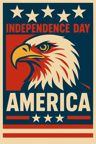 Kalın kel kartal çizimi, yıldızlar ve vatansever renkleri olan klasik Amerikan Bağımsızlık Günü posteri. 4 Temmuz 'u ve ulusal gururu kutlamak için mükemmel.