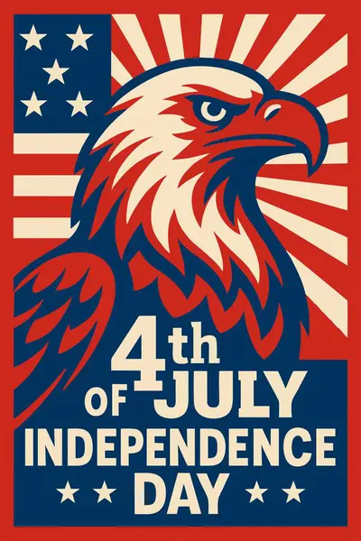 Kalın kel kartal çizimi, yıldızlar ve vatansever renkleri olan klasik Amerikan Bağımsızlık Günü posteri. 4 Temmuz 'u ve ulusal gururu kutlamak için mükemmel.