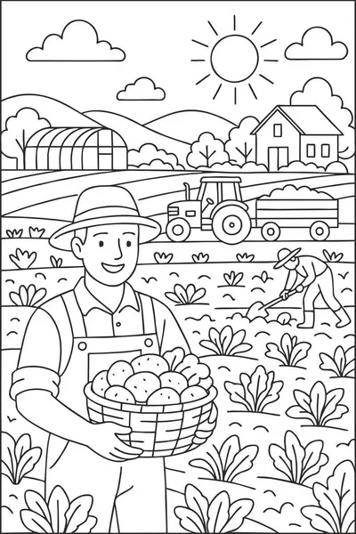 Çiftçilerin, tarlaların, traktörün ve hasat elementlerinin olduğu tarım temalı renklendirme sayfası. Çocuklar ve eğitim kullanımı için siyah ve beyaz tasvirler.