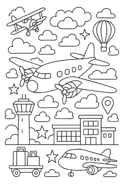 Pilot, uçak, dünya ve seyahat elementleriyle hava temalı renklendirme sayfası. Çocuklar için siyah ve beyaz tasvirler, öğrenme ve eğlenceli aktiviteler.