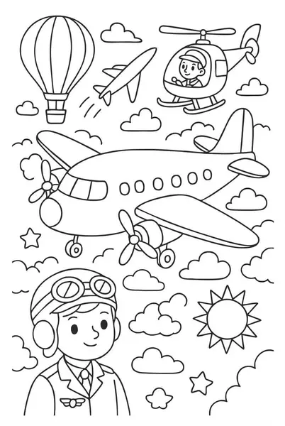 Pilot, uçak, dünya ve seyahat elementleriyle hava temalı renklendirme sayfası. Çocuklar için siyah ve beyaz tasvirler, öğrenme ve eğlenceli aktiviteler.