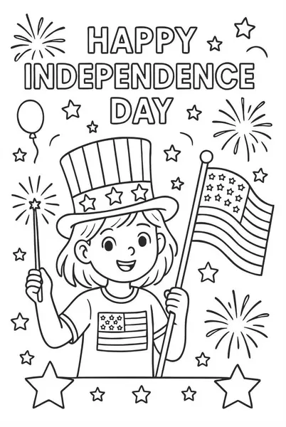 Vatanseverlik temalı boyama sayfasında bayrakları, yıldızları ve havai fişekleri olan neşeli bir çocuk var. Ulusal bayramları kutlamak için tasarlanmış şenlik sahnesi.