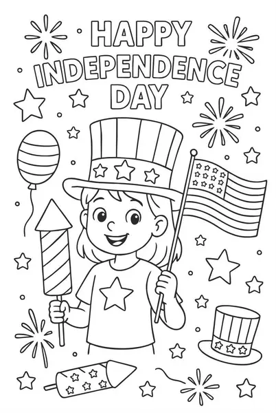 Vatanseverlik temalı boyama sayfasında bayrakları, yıldızları ve havai fişekleri olan neşeli bir çocuk var. Ulusal bayramları kutlamak için tasarlanmış şenlik sahnesi.