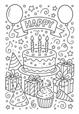 Doğum günü temalı boyama sayfasında mutlu bir çocuk, pasta, hediyeler, balonlar ve süslemeler var. Çocukların parti kutlaması için şenlik sahnesi.