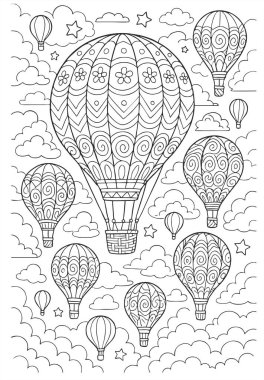 Dekoratif sıcak hava balonları, bulutlar, yıldızlar ve gülümseyen bir güneşle süslü renkli bir sayfa. Çocuklar için gökyüzü temalı eğlenceli illüstrasyon.