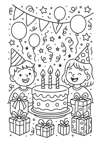 Doğum günü temalı boyama sayfasında mutlu bir çocuk, pasta, hediyeler, balonlar ve süslemeler var. Çocukların parti kutlaması için şenlik sahnesi.